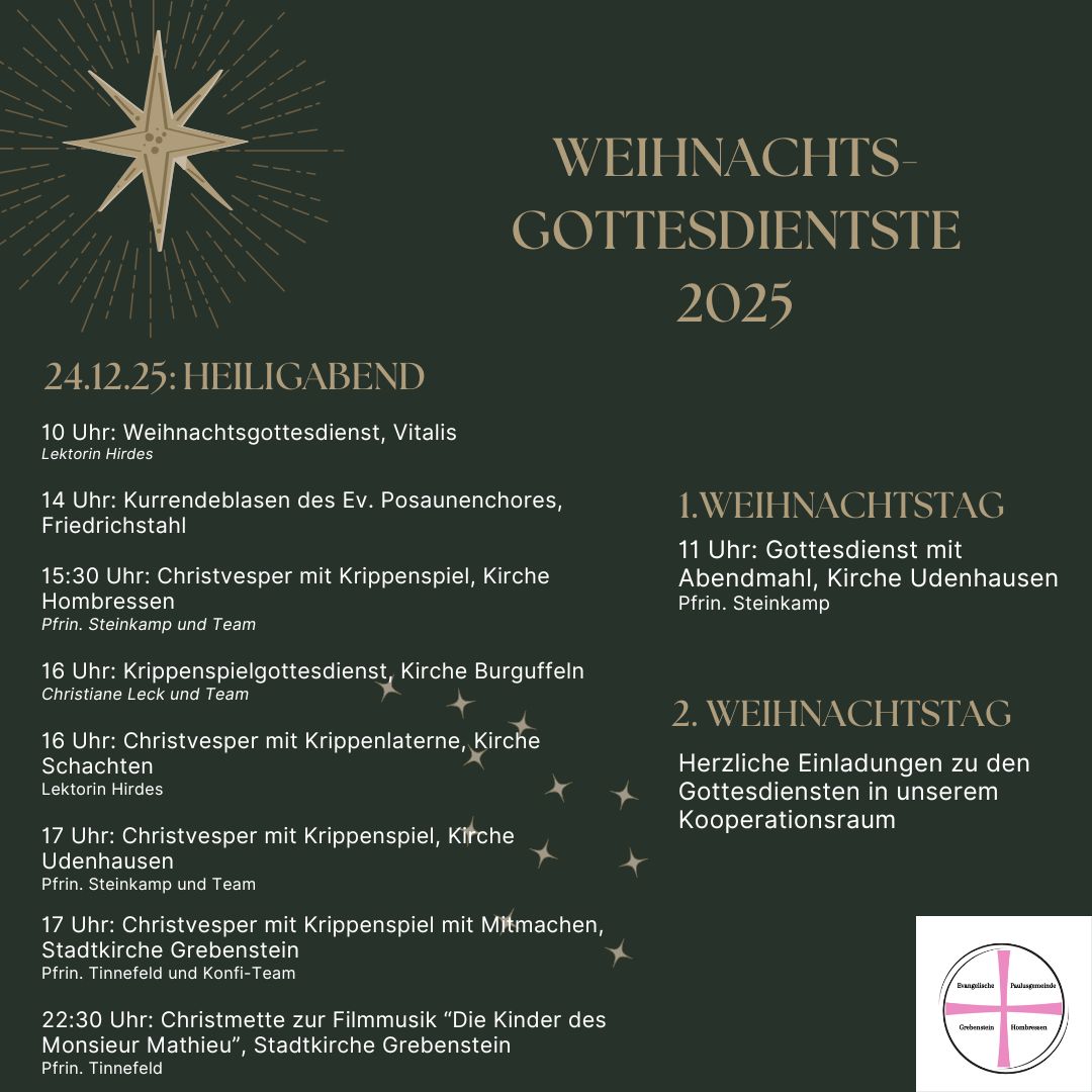 Gottesdienste an Weihnachten/Feiertage 2025